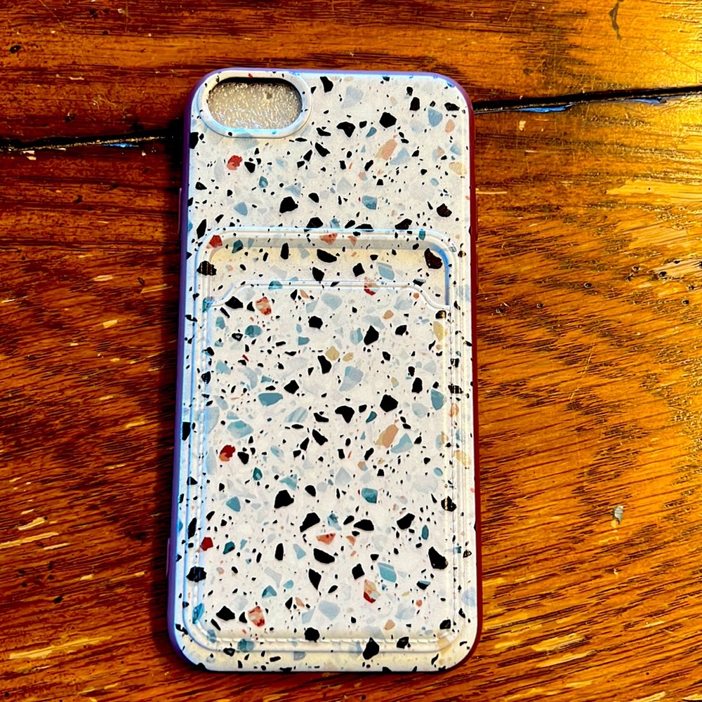 iPhone 8 phone wallet case. Mosaic tiles terrazzo card pocket maroon outline New